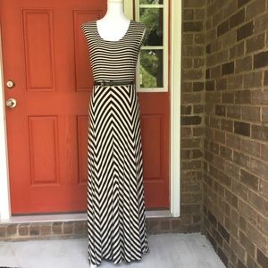 Calvin Klein Black and Tan Striped Maxi Dress